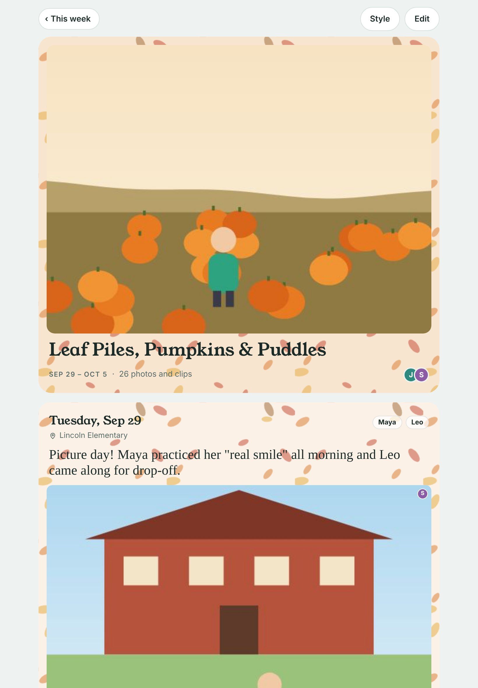A monthly story on iPad: a pumpkin patch cover photo and the title Leaf Piles, Pumpkins and Puddles